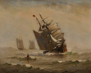 Marshall Johnson Jr. (American, 1850-1921)      Sailing Ships on a Foggy Sea