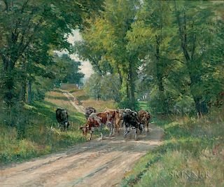 William John Whittemore (American, 1860-1955)      Cows Grazing by the Farm Road