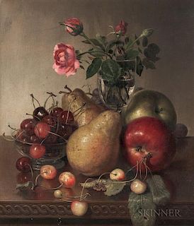 Robert Spear Dunning (American, 1829-1905)  Tabletop Still Life with Fruit and Roses