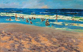 American School, 20th Century      Beach Scene with Figures in the Surf