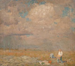 William Langson Lathrop (American, 1859-1938)      Summer Landscape with Figures at Harvest
