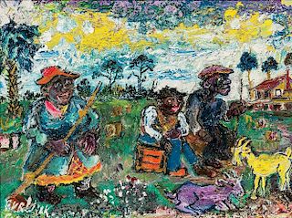 David Davidovich Burliuk (Ukrainian/American, 1882-1967)      Rural Florida Farm Scene with Figures and Goats
