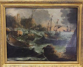 Oil on Canvas of Ships Navigating Rocky Shore