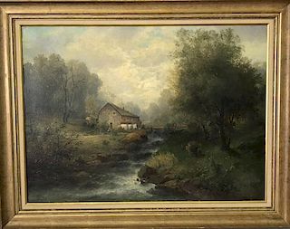 Oil on Canvas of Cottage by a Stream