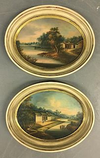 Pair of Oil on Canvas China Trade Paintings