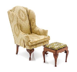 * An American Upholstered Wing Back Armchair and Foot Rest, Height of first 4 inches.