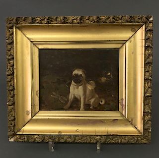 English Oil on Wood Panel of Pug Dog & Dragonfly