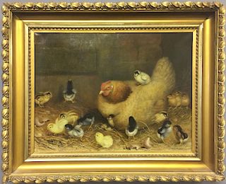 Ben Austrian Oil on Canvas Hen with Sixteen Chicks