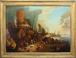Large Old Master Harbor Scene w/ Figures, 17th C.