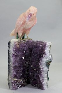 Carved Rose Quartz Parrot on Amethyst Geode