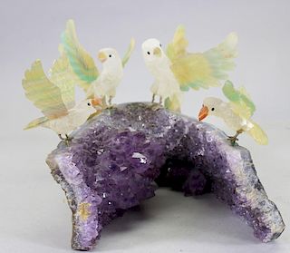 (4) Carved Stone Birds on Amethyst Geode
