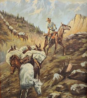 20th C. Western Landscape with Cowboy on Horse