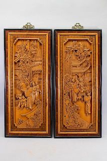 (2) Finely Carved Chinese Figural Wall Panels