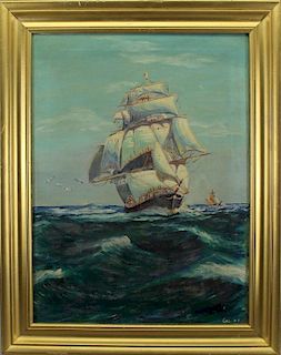 Signed American School Painting of a Clipper Ship