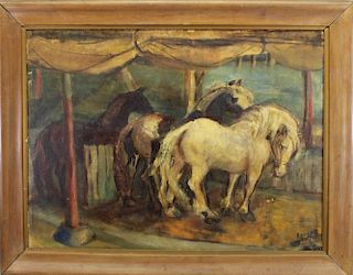 Signed, 20th C Oil/Board of Horses in a Stable