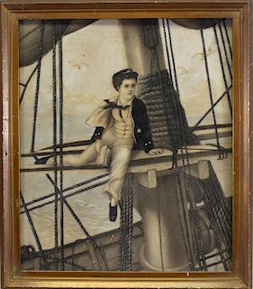 Early 20th C. Chalk Drawing of Young Boy on Boat