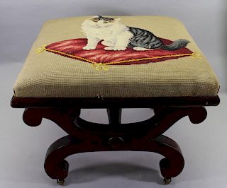 Antique Needlepoint Foot Stool w/ Casters