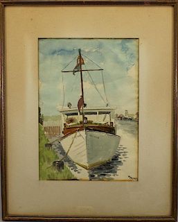 Early 20th C. Docked Fishing Boat, Signed