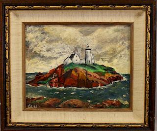 Signed Edith, 20th C Coastal Painting w Lighthouse