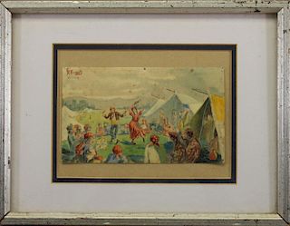Signed, 1916 Festival Scene Watercolor