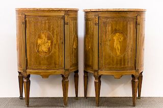 Antique Italian Marquetry/Marble Demilune Commodes