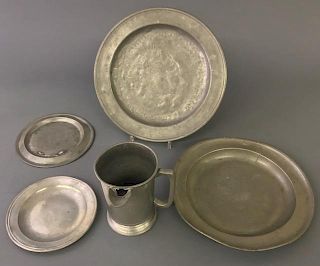 Pewter Pitcher with Four Plates
