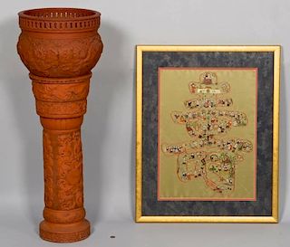 Chinese Yixing Plant Stand & Embroidery