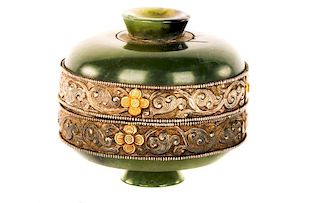 Chinese Carved Jade Powder Box with Metal Collar