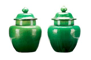 Pair of Chinese Green Glazed Ceramic Lidded Jars
