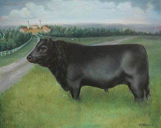 Folk Art Oil on Canvas of Bull, signed Riley