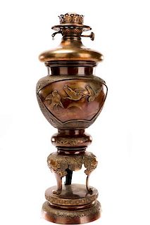 Japanese Bronze Converted Oil Lamp