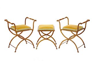 Three Continental Curule Form Upholstered Stools