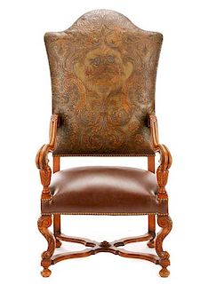 Louis XIII Style Embossed Leather Throne Chair