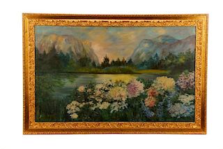 Impressionist Oil Landscape, "Flowers by the Lake"