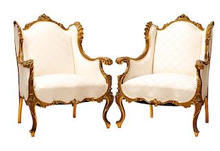 Pair, Louis XV Style Giltwood Wingback Chairs