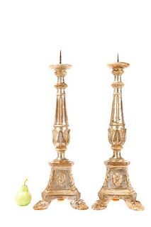 Pair, Large Silver Gilt Candle Prickets w/Paw Feet