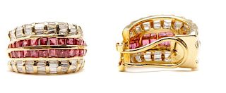 Pair, 18k Yellow Gold, Ruby, & Diamond Earrings
