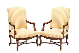 Pair, French Regence Style Fauteuil Armchairs