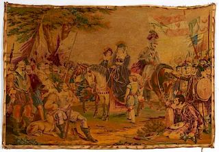 19th c. Embroidered Tapestry, Medieval Scene
