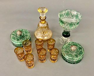 Grouping of Amber & Green Cut to Clear Glass