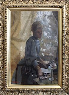 19th C Large Painting of Elegant Woman Near Window
