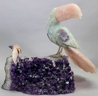 Carved Stone Toucans on Amethyst Geode