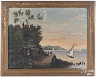 Primitive Hudson River oil on canvas landscape.