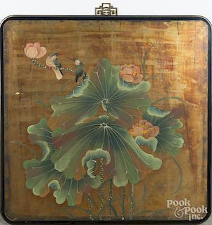 Chinese painted wood panel of flowers, 36'' x 36''.