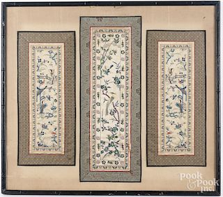 Three Chinese silkwork panels, frame - 29 1/2'' x 3