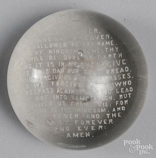 White frit Lord's Prayer paperweight, 3 5/8'' dia.