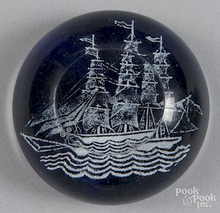 White frit clipper ship paperweight