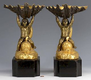 Pr. Bronze Sculptures w/ Cherubs & Shells