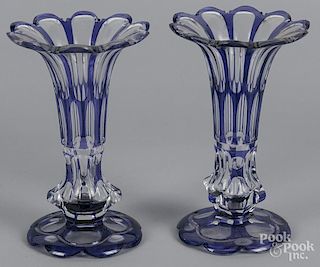 Pair of amethyst cut to clear glass vases, 10'' h.