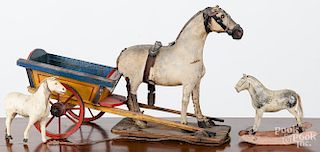Horse drawn wood cart pull toy, 19'' l.